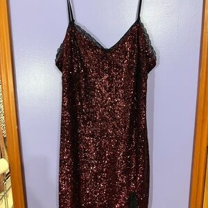 Sequin Burgundy Slip Dress with Black Lace Trim